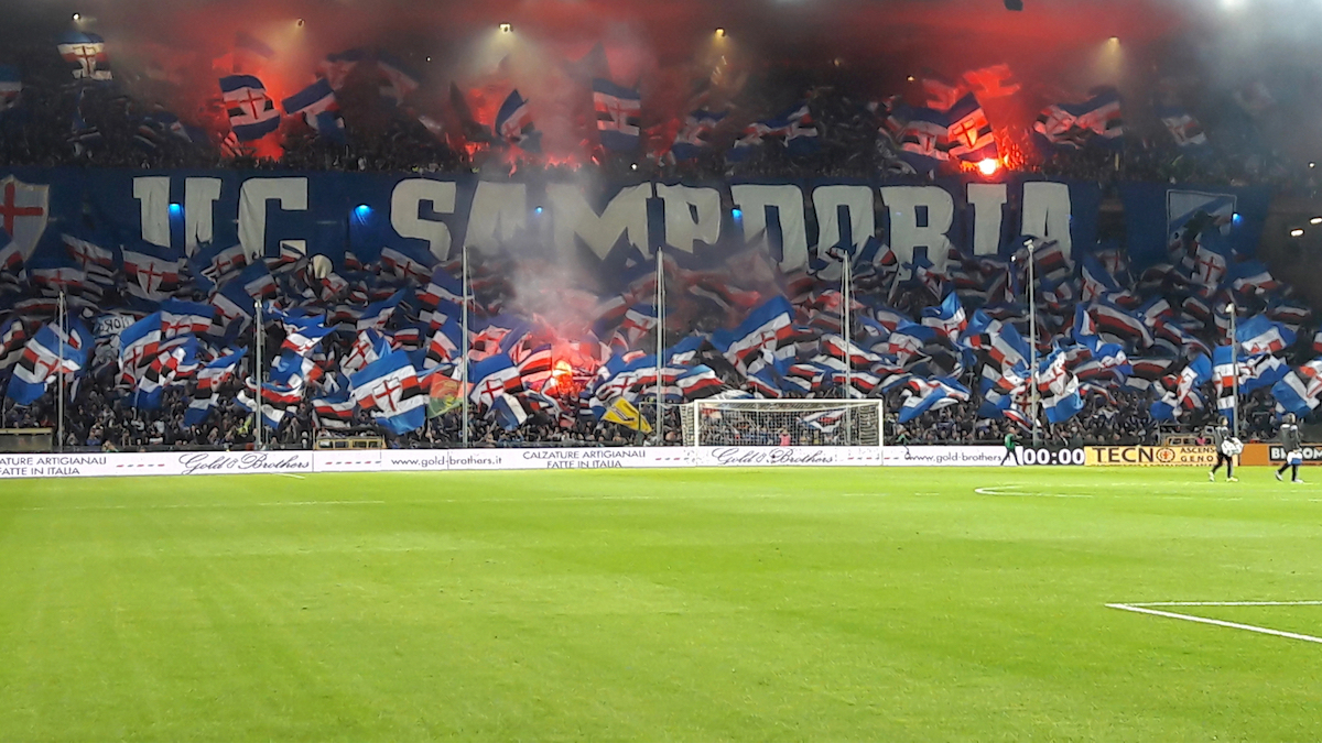 GENOA, ITALY, APRIL, 07, 2018 - U.C. Sampdoria fans before a night football match, in Luigi Ferraris Stadium of Genoa, (Genova) Italy.